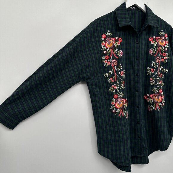 Few Moda Top Shirt Blouse Size Small Embroidered Blue Plaid Floral Long Sleeve - Picture 7 of 9